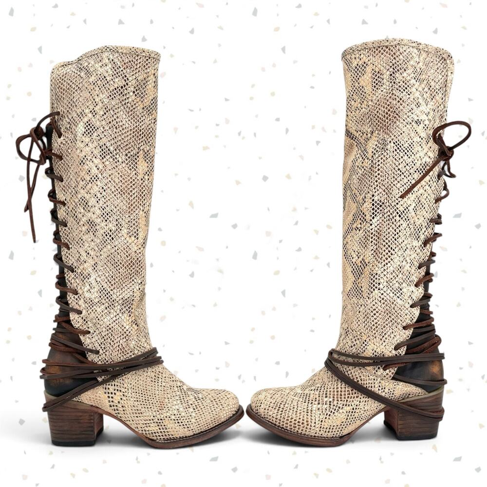 Freebird by Steven Coal White Snake Leather Lace Up Corset Heel Fall Boot Size 9